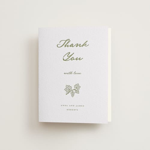 This is a olive wedding thank you cards with letterpress by Maja Cunningham called villa printing on coventry320 in standard
