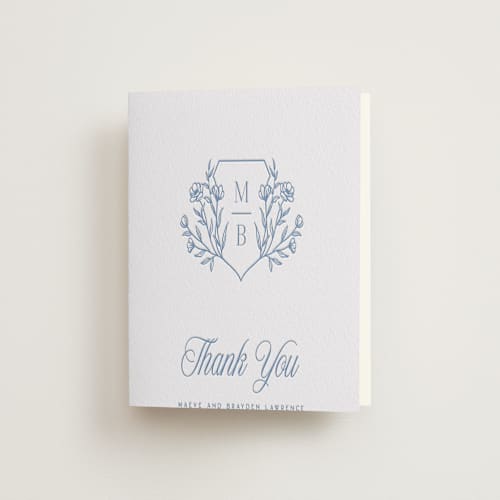 This is a pacific blue wedding thank you cards with letterpress by Hooray Creative called blue crest printing on coventry320 in standard