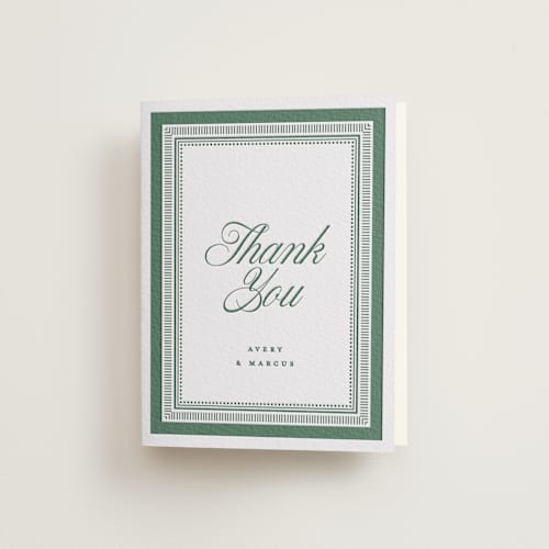 This is a racing green wedding thank you cards with letterpress by Kelly Watkins called archer printing on coventry320 in standard