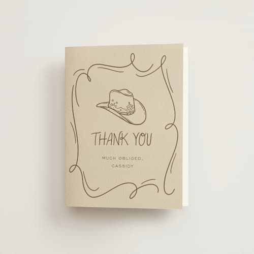 This is a sand wedding thank you cards with standard by Cindy Reynolds called boots, beers, and bubbly printing on strathmore in standard