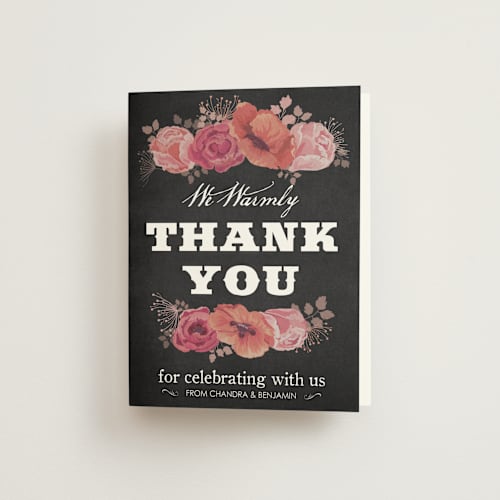 This is a chalkboard wedding thank you cards with standard by Honeybunch Studio called chalk blossoms printing on strathmore in standard