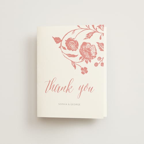 This is a blush wedding thank you cards with standard by Snow and Ivy called porcelain printing on strathmore in standard