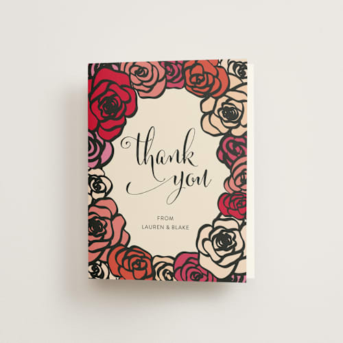 This is a cranberry wedding thank you cards with standard by Annie Walker called red roses printing on strathmore in standard
