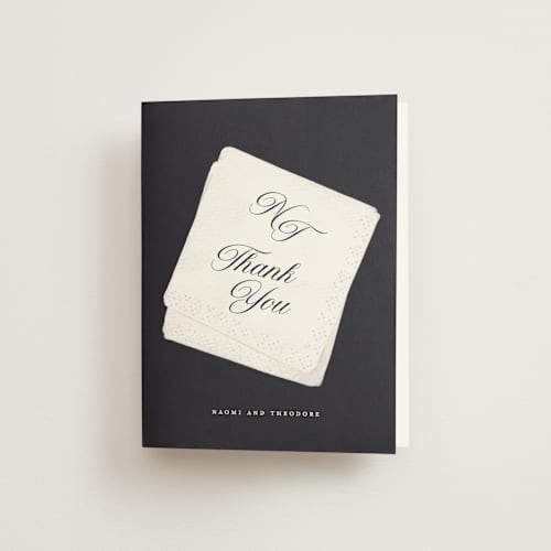 This is a noir wedding thank you cards with standard by Gwen Bedat called cocktail napkin printing on strathmore in standard