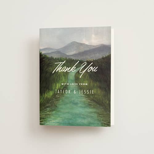 This is a forest wedding thank you cards with standard by Elly called adventure awaits printing on strathmore in standard