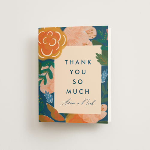 This is a indigo wedding thank you cards with standard by Corie Page called floral whimsy printing on strathmore in standard