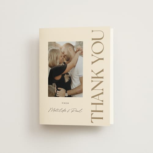 This is a almond wedding thank you cards with standard by Morgan Kendall called champagne printing on strathmore in standard