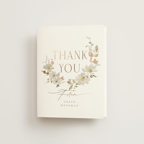 This is a champagne wedding thank you cards with foil pressed by Everett Paper Goods called serene printing on strathmore in standard
