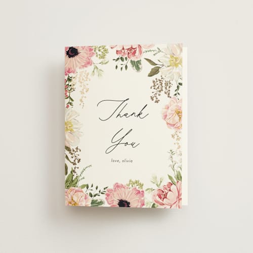 This is a peony wedding thank you cards with foil pressed by Susan Moyal called timeless blooms printing on strathmore in standard