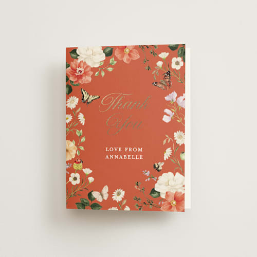 This is a verona sunset wedding thank you cards with foil pressed by Sarah Knight called fleur printing on strathmore in standard