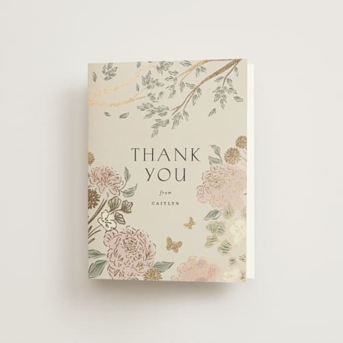 This is a blush meadow wedding thank you cards with foil pressed by Grae called dancing in the garden printing on strathmore in standard