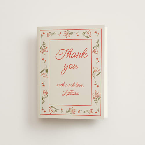 This is a poppy bridal shower thank you cards with standard by Maja Cunningham called flora printing on strathmore in standard