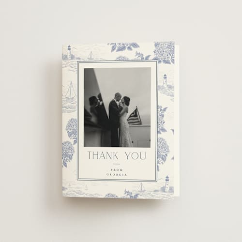 This is a periwinkle bridal shower thank you cards with standard by Jenna Holcomb called coastal toile printing on strathmore in standard