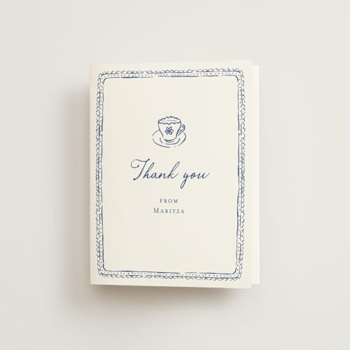 This is a cobalt bridal shower thank you cards with standard by Carmia C. called tea cup doodle printing on strathmore in standard