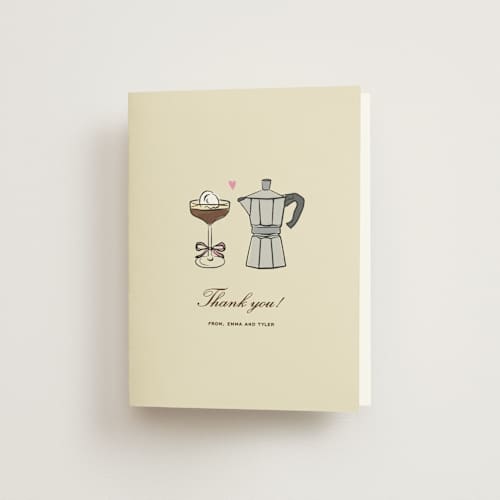 This is a cream bridal shower thank you cards with standard by Jennifer Lew called espresso printing on strathmore in standard