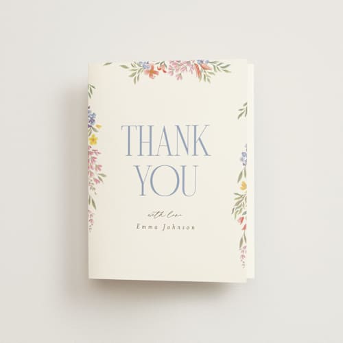 This is a rose quartz bridal shower thank you cards with standard by Joanna Griffin called dainty flowers printing on strathmore in standard