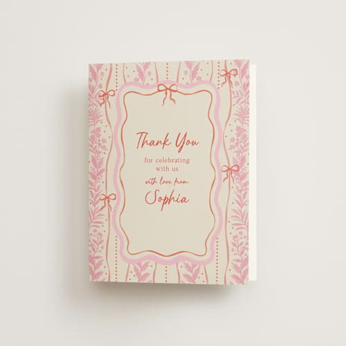 This is a strawberry bridal shower thank you cards with standard by Elly called cottage ribbons printing on strathmore in standard