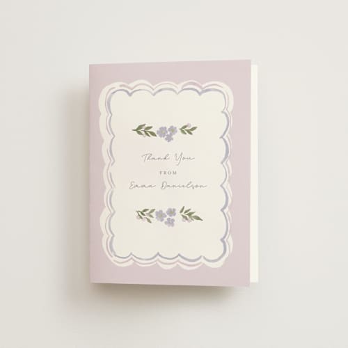This is a lilac bridal shower thank you cards with standard by Rebecca Durflinger called pretty little floral printing on strathmore in standard