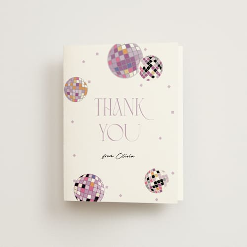 This is a bubblegum bridal shower thank you cards with standard by Corinne Malesic called disco fever printing on strathmore in standard