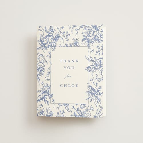 This is a blueberry bridal shower thank you cards with standard by Teju Reval called dreamy toile printing on strathmore in standard