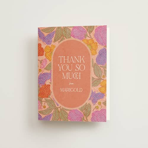This is a peach bridal shower thank you cards with standard by Simona Camp called vintage garden printing on strathmore in standard