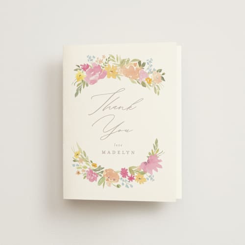 This is a peony bridal shower thank you cards with standard by Creo Study called blooming arch printing on strathmore in standard