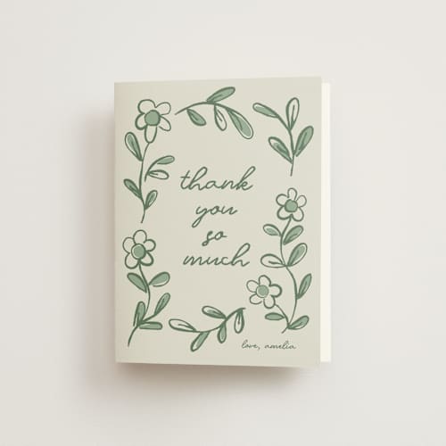 This is a sage bridal shower thank you cards with standard by Kelly Watkins called blooming printing on strathmore in standard