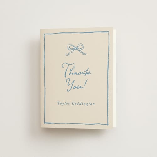 This is a dusty blue bridal shower thank you cards with standard by Cass Loh called ribbon bow drawing printing on strathmore in standard