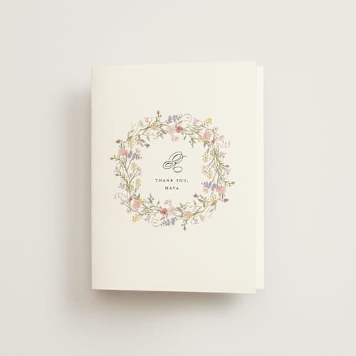 This is a blush bridal shower thank you cards with standard by Lori Wemple called floral frame printing on strathmore in standard