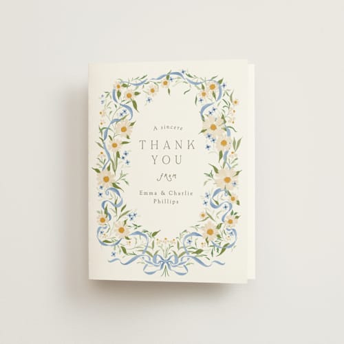 This is a something blue bridal shower thank you cards with standard by Erin L. Wilson called wildflower wreath printing on strathmore in standard