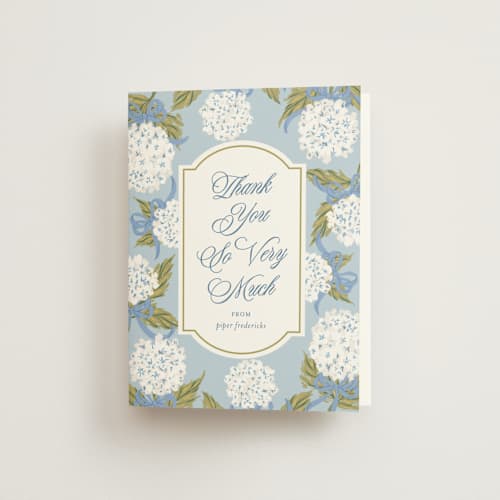 This is a blue bell bridal shower thank you cards with standard by Jackie Crawford called hydrangea bow bouquets printing on strathmore in standard