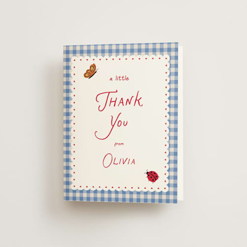 This is a sky bridal shower thank you cards with standard by Jennifer Lew called love bug printing on strathmore in standard
