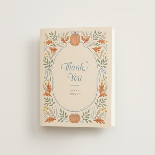 This is a cornflower bridal shower thank you cards with standard by Laura Hankins called pumpkins + bows printing on strathmore in standard