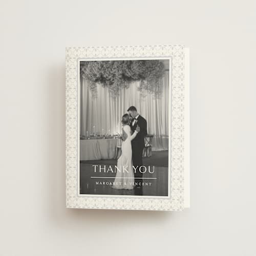 This is a dusty blue wedding thank you cards with standard by Jennifer Postorino called coastal charm printing on strathmore in standard