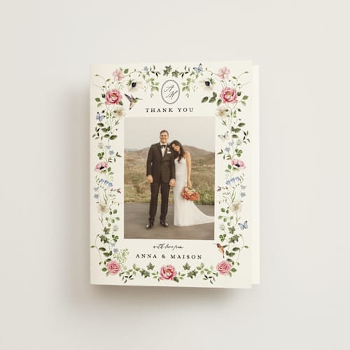 This is a peony wedding thank you cards with standard by Sarah Knight called ornate printing on strathmore in standard