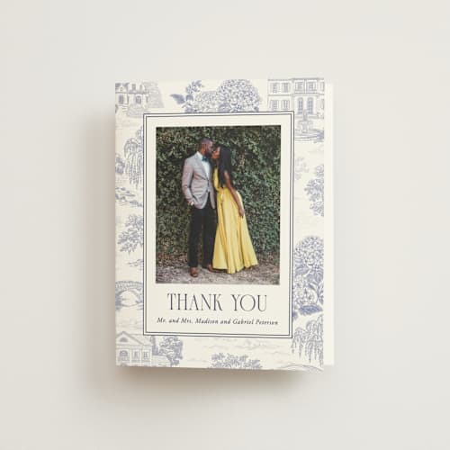 This is a periwinkle wedding thank you cards with standard by Jenna Holcomb called southern charm toile printing on strathmore in standard