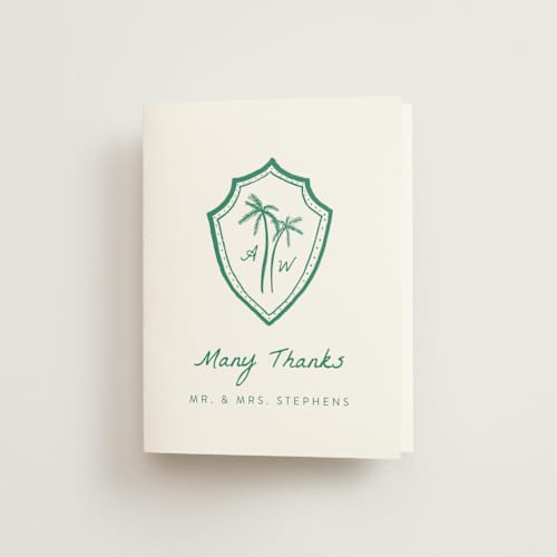 This is a palm wedding thank you cards with standard by Erika Firm called palm tree crest printing on strathmore in standard