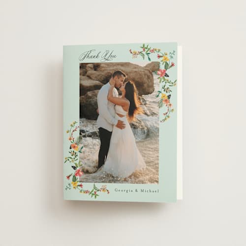 This is a papaya wedding thank you cards with standard by Susan Moyal called tropical crest printing on strathmore in standard
