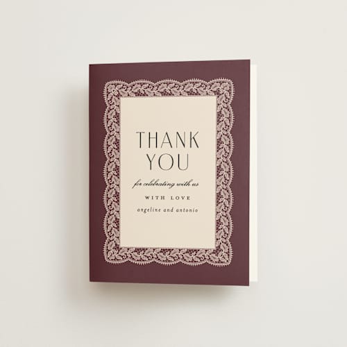 This is a burgundy wedding thank you cards with standard by Erica Krystek called chantilly printing on strathmore in standard