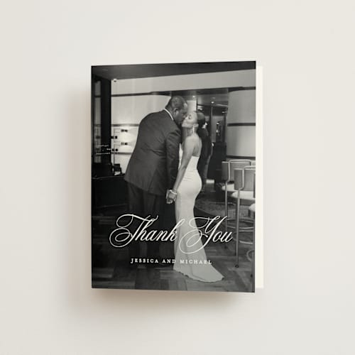 This is a dusty blue wedding thank you cards with standard by Jennifer Postorino called empire printing on strathmore in standard