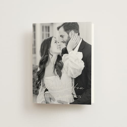 This is a creme wedding thank you cards with standard by Carly Reed Walker called tendu printing on strathmore in standard