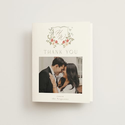 This is a pomegranate wedding thank you cards with standard by Everett Paper Goods called roses crest printing on strathmore in standard