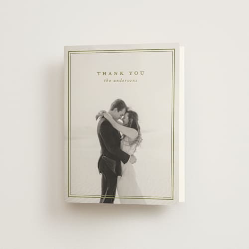This is a olive wedding thank you cards with standard by Ellen Schlegelmilch called museo printing on strathmore in standard