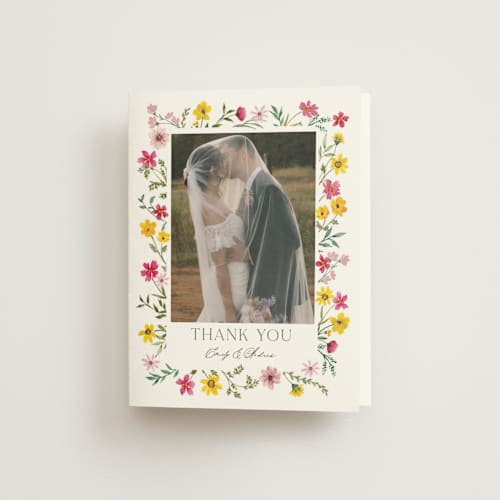 This is a peony wedding thank you cards with standard by Yaling Hou Suzuki called wildflower wreath printing on strathmore in standard