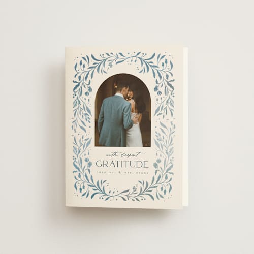 This is a delft blue wedding thank you cards with standard by Ashley DeMeyere called porcelain printing on strathmore in standard