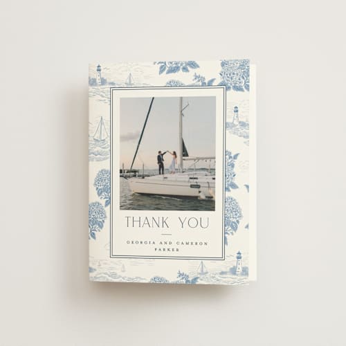 This is a sea wedding thank you cards with standard by Jenna Holcomb called coastal toile printing on strathmore in standard