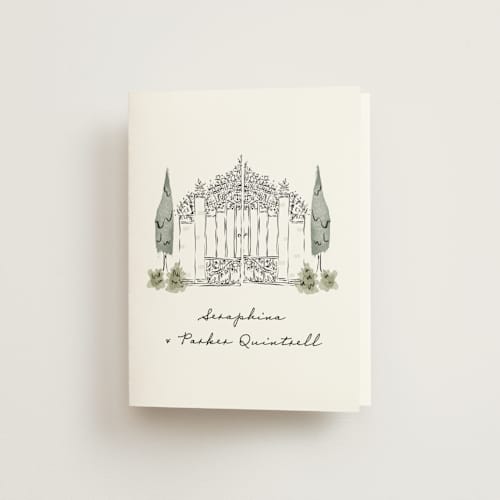 This is a forest wedding thank you cards with standard by Jackie Crawford called hand illustrated garden gate printing on strathmore in standard