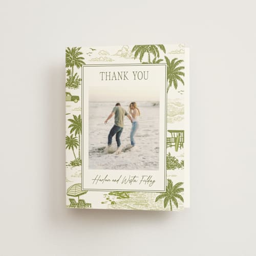 This is a palm wedding thank you cards with standard by Jenna Holcomb called beachtoile printing on strathmore in standard