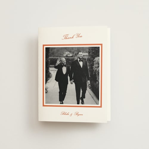 This is a orange peel wedding thank you cards with standard by Megan Davis called miro printing on strathmore in standard
