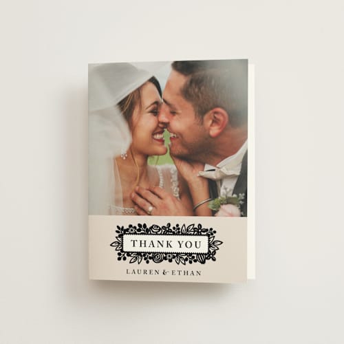 This is a champagne wedding thank you cards with standard by Faith Harlow called modern floral frame printing on strathmore in standard